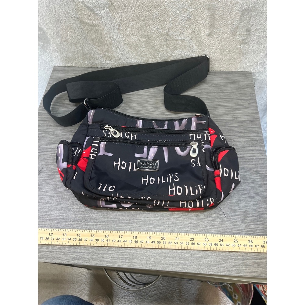 RUIMOTI Black Nylon Crossbody Bag Hot‎ Lips Love Graphic Print Multi Pocket Y2K